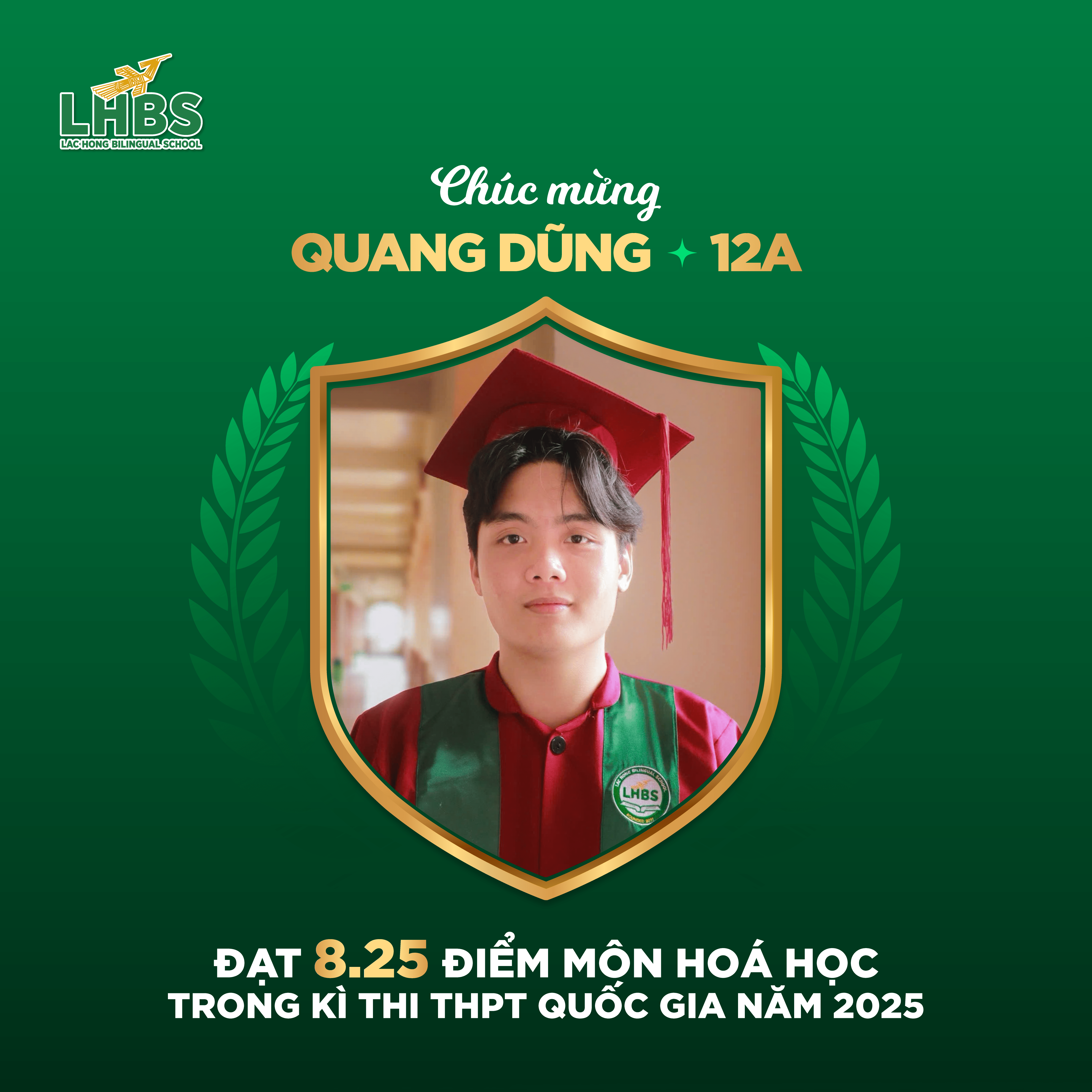 Thí sinh xuất sắc đạt điểm cao nhất môn Hoá học trong kỳ thi THPT Quốc gia 2025 tại Trường Song ngữ Lạc Hồng