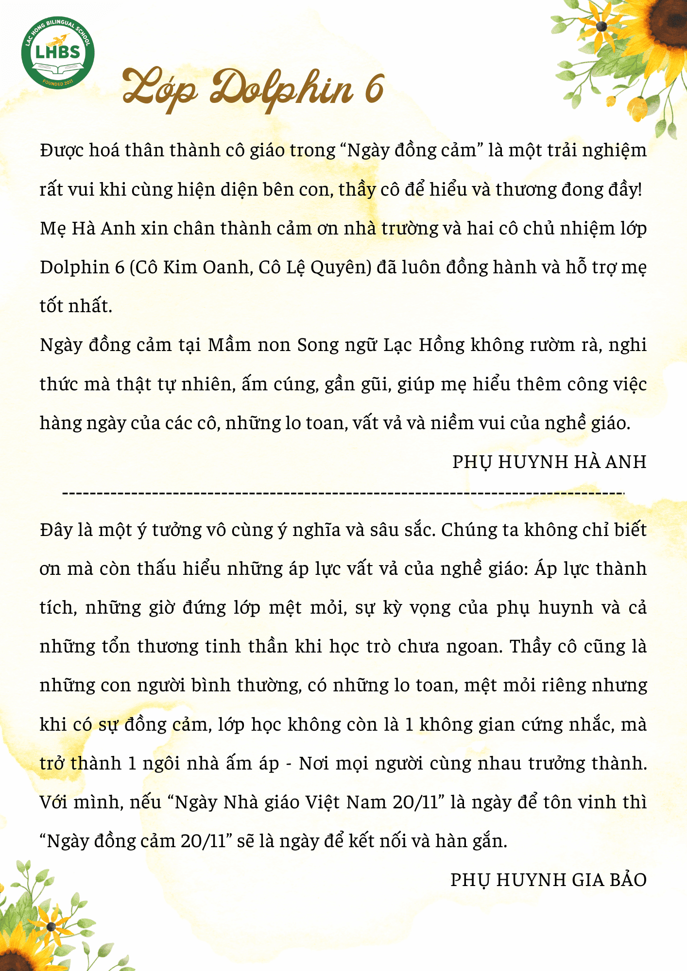 Phụ huynh Mầm non Song ngữ Lạc Hồng trải nghiệm Ngày Đồng Cảm